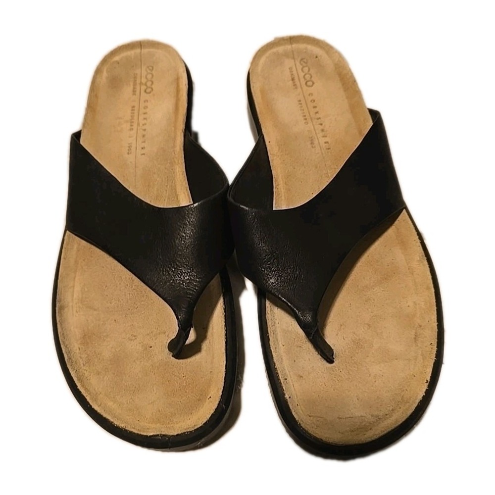 ECCO Corksphere Thong Sandal Women 10 Black‎ Leather Comfort Minimalist Summer